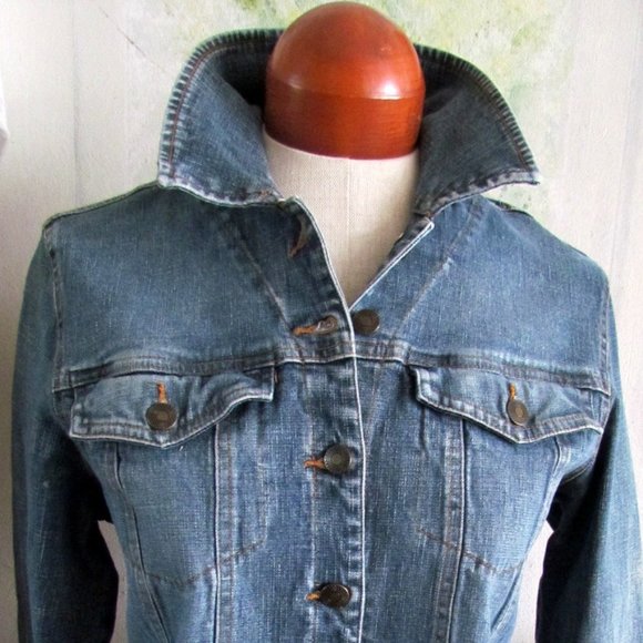 DENIM JACKET, L, + RED BANDANA SCARF, WILL SMITH WOMEN'S BLUE JEAN STRETCH COAT - Picture 4 of 7